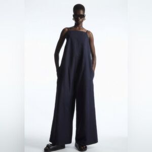 COS‎ || Tie-Detail Linen Jumpsuit Wide Leg Shoulder Bows Navy Blue XS